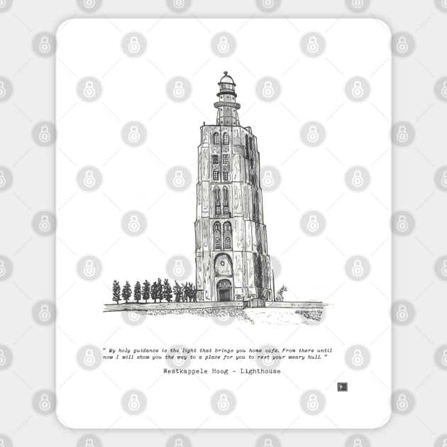 Westkapelle Lighthouse Zeeland Netherlands Pen and Ink Illustration Magnet by Wall-Art-Sketch